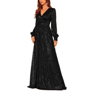 Elegant Dinner Sequined Long Sleeve V-neck High Waist Evening Dress