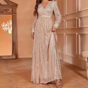 Elegant Dinner Sequined Long Sleeve V-neck High Waist Evening Dress