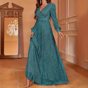 Elegant Dinner Sequined Long Sleeve V-neck High Waist Evening Dress