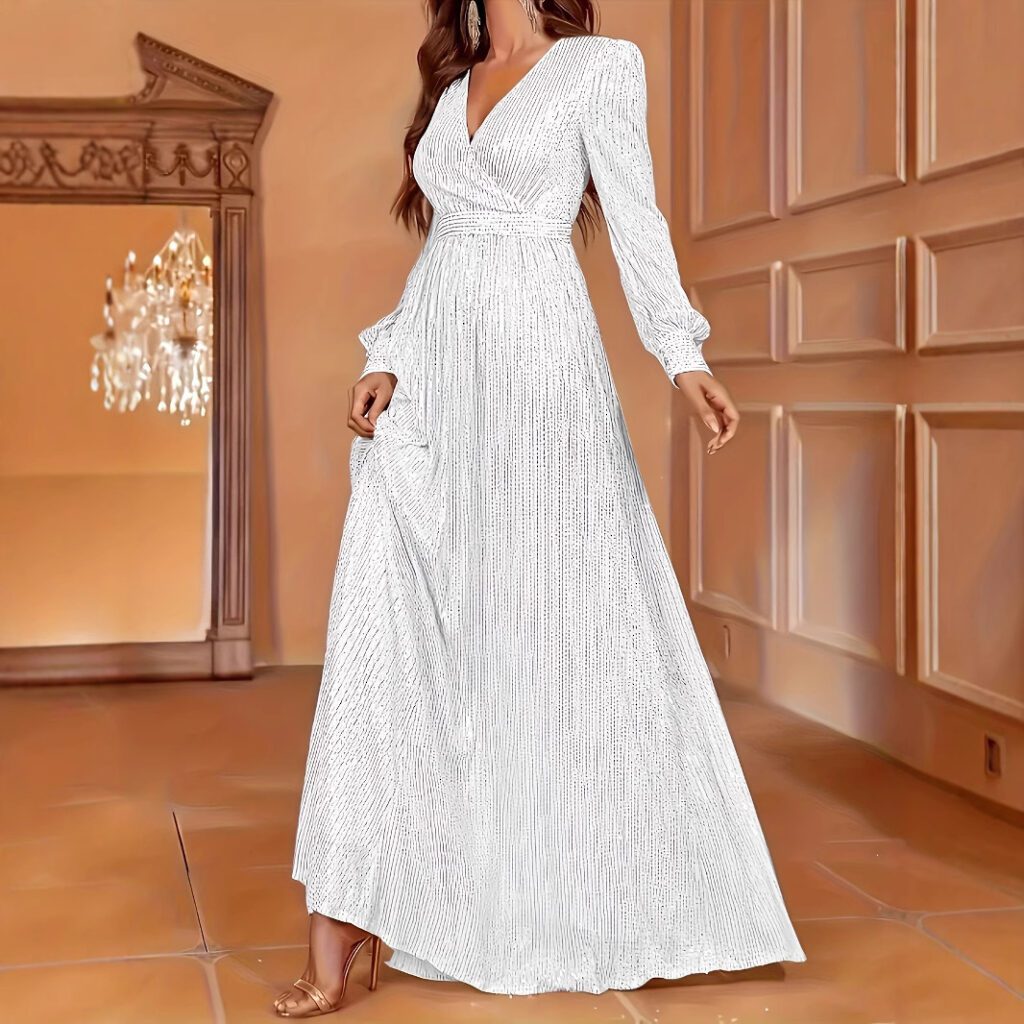 Elegant Dinner Sequined Long Sleeve V-neck High Waist Evening Dress