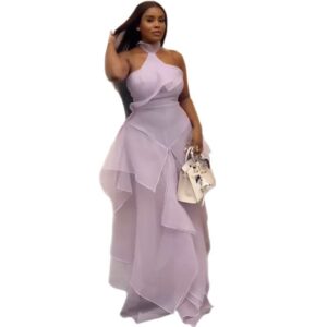 New Stylish Halterneck Off-shoulder Waist-cinching Ruffled Patchwork Dress