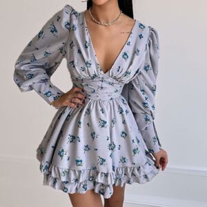 Women’s Printed Puff Sleeve Waist Cinching Dress