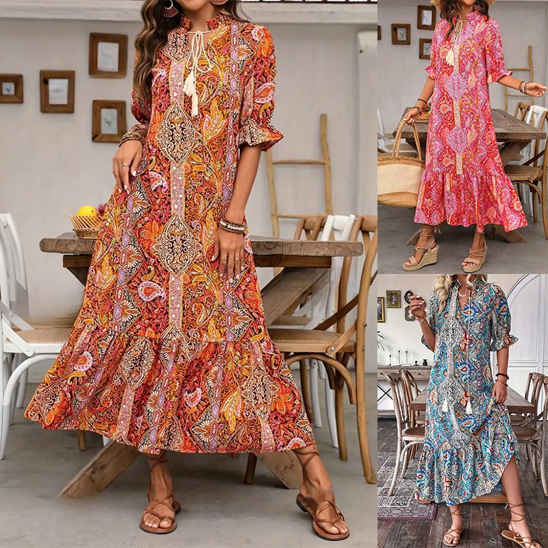 New Women's Fashion Printed Lace-up Mid-sleeve Ruffled Dress
