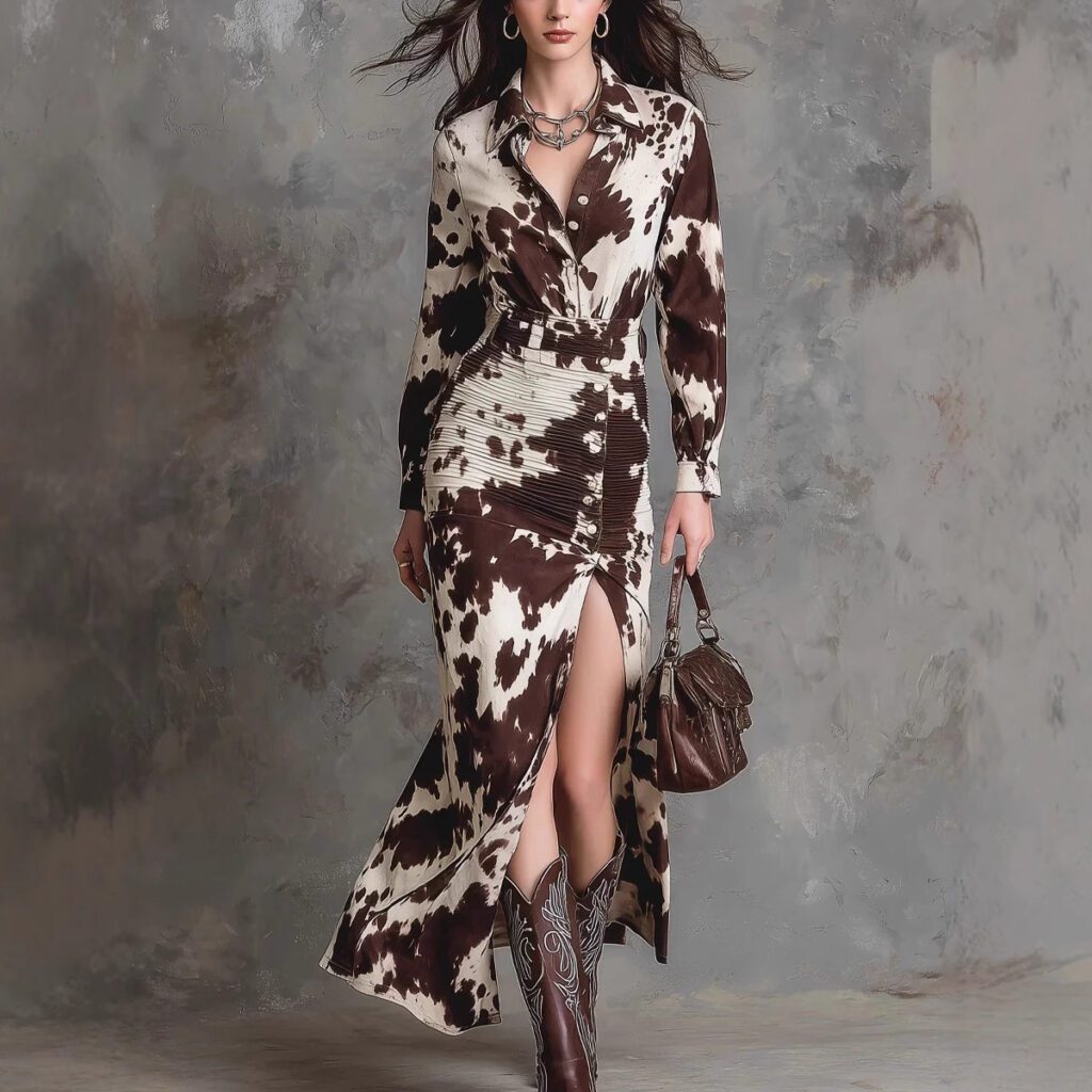 Digital-print Cardigan Long-sleeve Button-down Irregular-length Dress