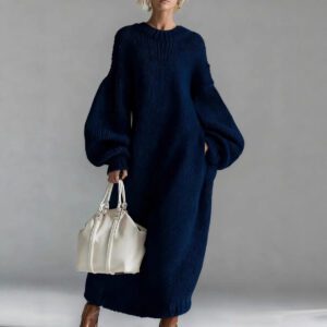 Crew-neck Loose-fit Lantern-sleeve Long Knit Sweater Dress