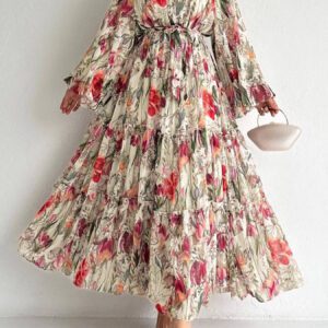 Floral-print Long-sleeve Chic And Elegant Robe Dress