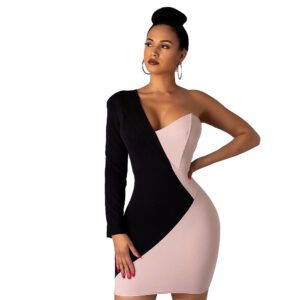 Stitching Contrast Color Asymmetric Long Sleeve Slim Fit Sexy Dress