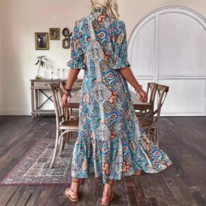 New Women’s Fashion Printed Lace-up Mid-sleeve Ruffled Dress