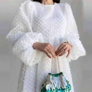 Solid Color Crew-Neck Lantern Sleeve Dress