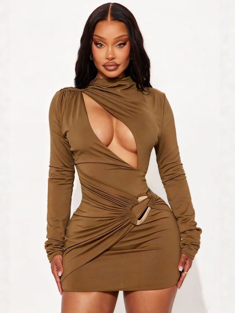 Half-high-neck Hollow-out Metal-button Long-sleeve Dress