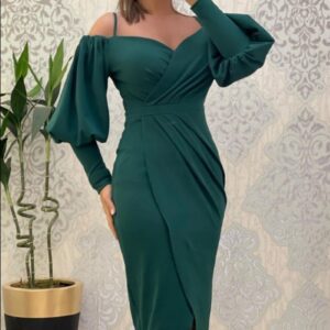 Women’s Strapless Halter Neck Lantern-sleeve Waist Cinching Pleated Dress