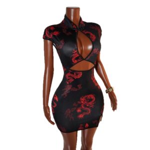 Summer Chinese-style Dragon-print Short-sleeve Cheongsam Dress