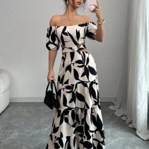 Off-shoulder Sexy Hollow-out Dress Printed Bodycon Dress That Flatters Your Figure And Shows Off Your Waist