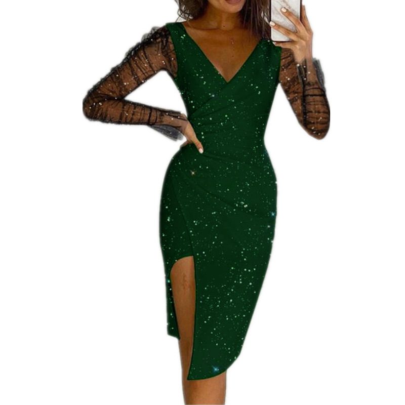Hot-stone-embellished V-neck Sheath Mesh Dress For Women – Image 7