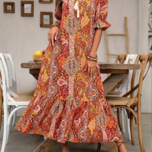 New Women’s Fashion Printed Lace-up Mid-sleeve Ruffled Dress