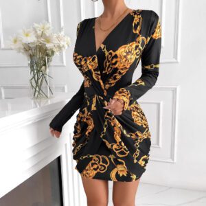 Long-sleeve V-neck Stretchy Hip-hugging Short Dress For Banquets