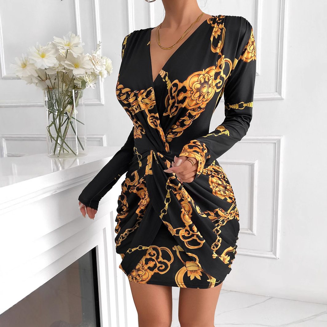 Long-sleeve V-neck Stretchy Hip-hugging Short Dress For Banquets – Image 6