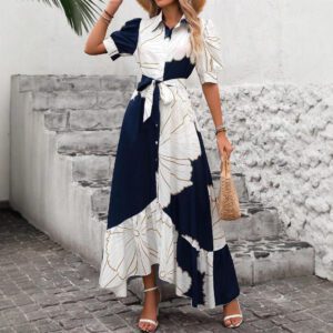 Women’s Casual Printed Dress With A Turn-down Collar And Cinched Waist