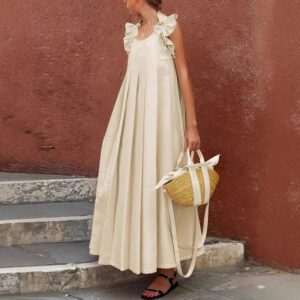 Women’s Casual Long Ruffle-Trimmed Solid-Color Dress