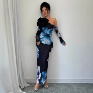 Women’s One-shoulder Floral-print Mesh Maxi Dress