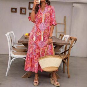 New Women’s Fashion Printed Lace-up Mid-sleeve Ruffled Dress