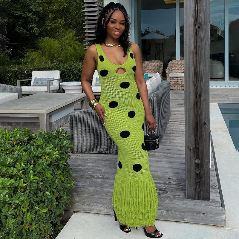 Women's Sexy Sheath Knitted Black Polka-Dot Dress