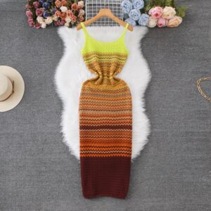 French-style Vintage Ombre Striped Sleeveless Slip Knit Dress