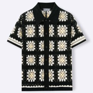 Mens Short-Sleeve Contrasting Color Crochet Hollow-Out Knit Sweater