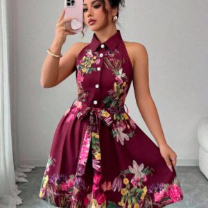 Women’s Casual Printed Waist-Cinching Halter-Neck Lace-Up Dress