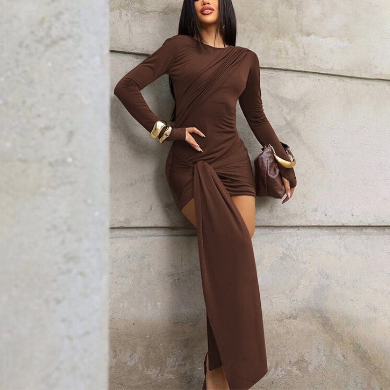 Women's Fashionable Slim-fit Dress With Long Sleeves And Fluttering Ribbons