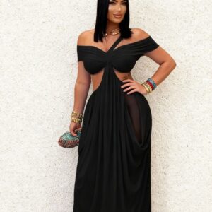 Solid-color Tube Top Hollow-out Sheer Mesh Long Dress For Women