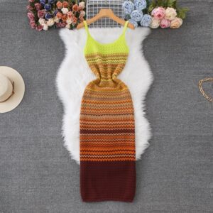 French-style Vintage Ombre Striped Sleeveless Slip Knit Dress