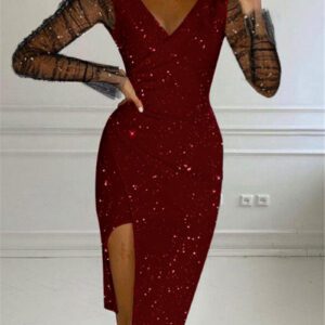 Hot-stone-embellished V-neck Sheath Mesh Dress For Women