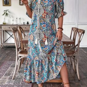 New Women’s Fashion Printed Lace-up Mid-sleeve Ruffled Dress