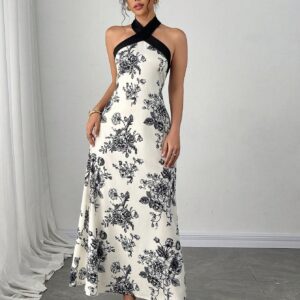 Women’s Elegant Apricot Floral Cross-Neck Off-Shoulder Fashion Dress