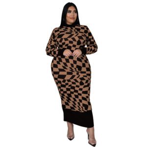 Women’s Crew-Neck Plaid Printed Long-Sleeve Elegant Dress