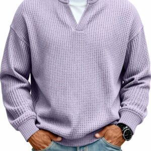 Simple Waffle-Weave V-neck SweatShirt For Men Fall Spring Two-Piece Casual Long-Sleeve T-Shirt For Daily Wear Work Outfit Streetwear