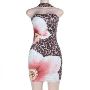 Strap Leopard-print Floral Gray Printed Mini Dress