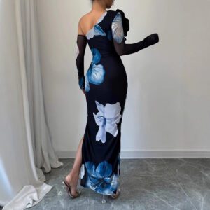 Women’s One-shoulder Floral-print Mesh Maxi Dress