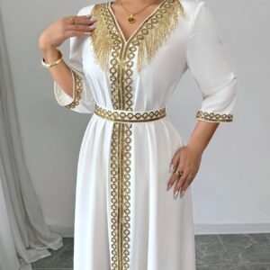 Women’s Lace Tassel Slim Fit Dress Muslim Robe
