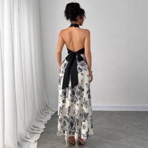 Women’s Elegant Apricot Floral Cross-Neck Off-Shoulder Fashion Dress