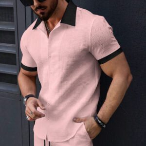 Stylish Mens Jacquard Color-block Casual Short-sleeve Shirt