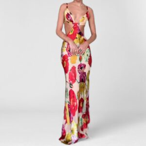 New Women’s Fashion Sexy Sassy Spaghetti-strap V-neck Luxury Printed Maxi Dress
