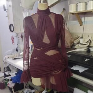 Women’s Ruffle Trimmed High Neck Pleated Patchwork Dress