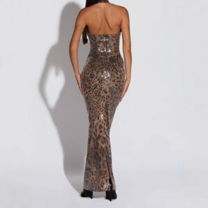 Women’s Backless Leopard-Print Bodycon Halter Maxi Dress