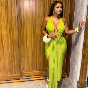 Women’s Solid-color Split-design Pleated Sheath Dress With Halter Neck