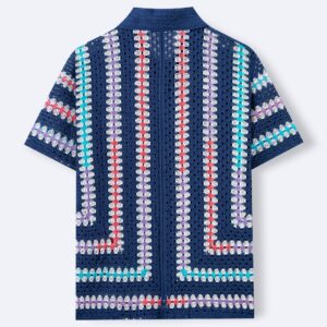 Mens Hollow-Out Cardigan Short-Sleeve Lapel Water-Soluble Knit Top