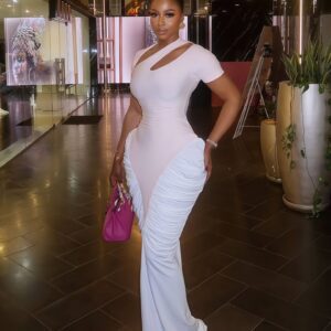 Short-sleeve Slash-neck Hollow-out Pleated Figure-hugging Maxi Dress