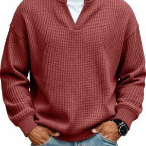 Simple Waffle-Weave V-neck SweatShirt For Men Fall Spring Two-Piece Casual Long-Sleeve T-Shirt For Daily Wear Work Outfit Streetwear