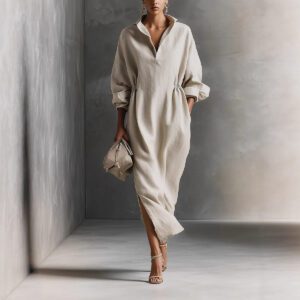 Women’s Casual Chic Elegant Long Sleeve Lapel Split Dress